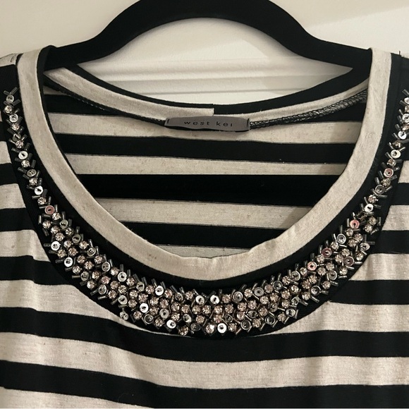 Cream and Black Striped, Short sleeve top, with jeweled collar, Size L - Picture 2 of 5